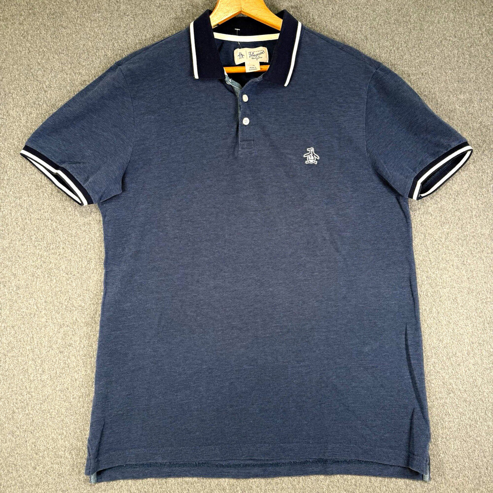 Original Penguin Mens L Blue Pique Polo Shirt Short Sleeve White Tipped Collar